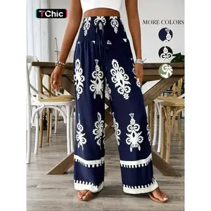 Women's Ethnic Pattern Shirred Tie Front Wide Leg Pants, Casual Street Pants, Boho High Waist Trousers for Daily Holiday Vacation Wear, Ladies Bottoms for All Seasons