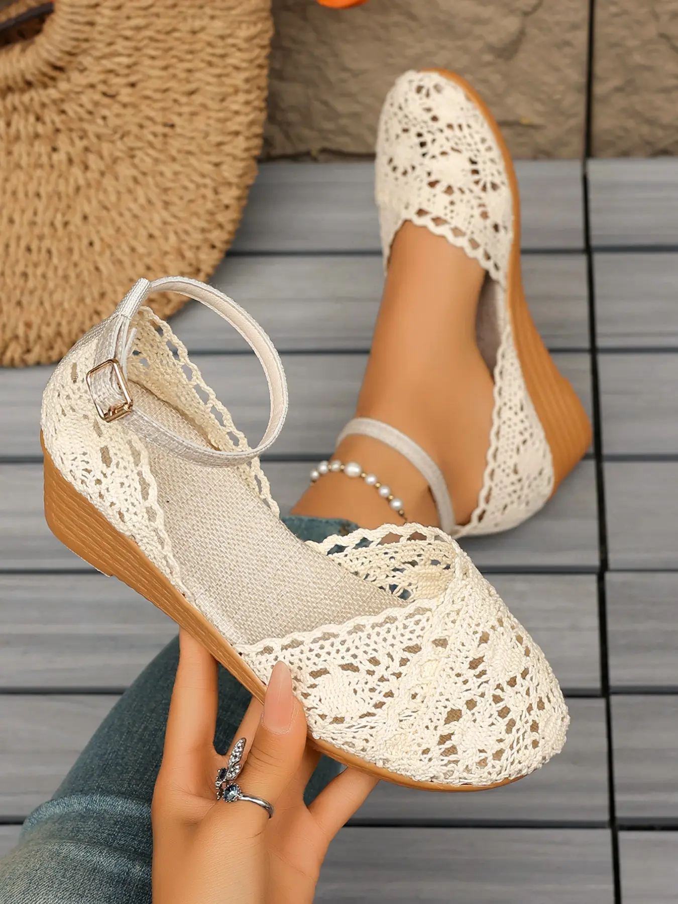 Vintage Lace Elevated Wedge Sandals for Women, Elegant Classy Stylish Hollow Out Design, Buckle Closure for Easy Wear, Comfortable Wedge Heel, Romantic Sweet Style