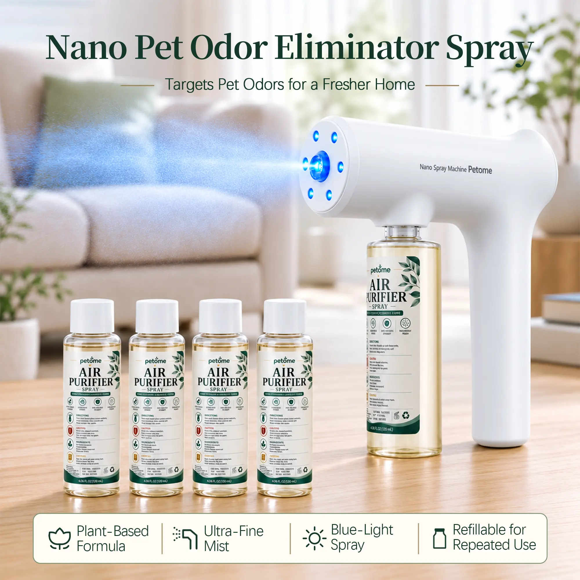 Petome Pet Deodorizer Spray Nano Mist Enzyme Cordless Bio-Enzyme Plant-Based Formula, Blue Light Pet Odor Eliminator for Dog Cat Urine & Animal Smell, Safe, Non-Toxic, Floral Scent for Home Sofa Carpet with 4x 120ml Refills