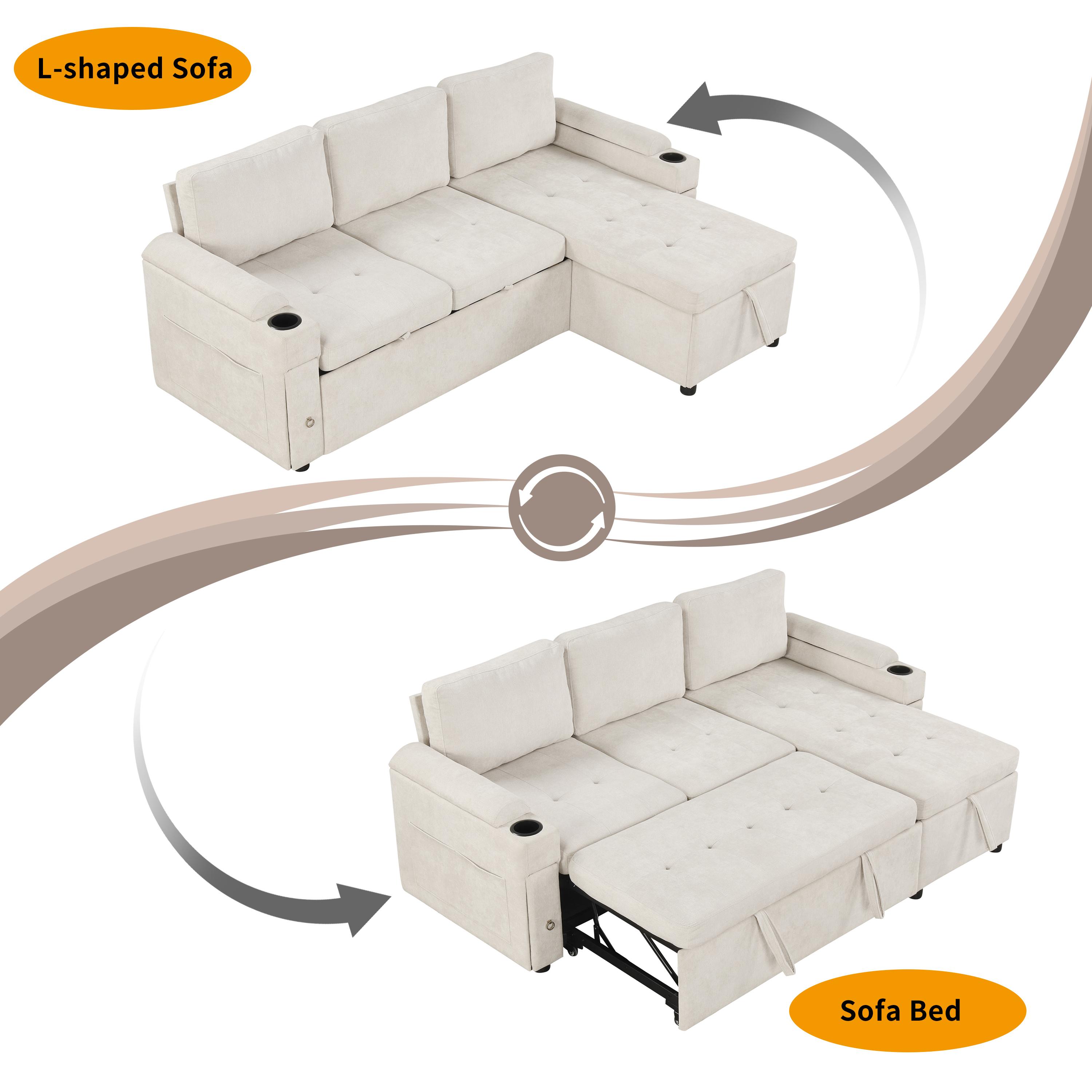 83.5" L-shaped Sofa Couch Convertible Sofa Bed Sectional Sofa with Ample Storage Space, Two Cup Holders and Two USB Ports for Living Room 83.5" L-shaped Sofa Couch Convertible Sofa Bed Sectional Sofa with Ample Storage Space, Two Cup Holders and Two USB Ports for Living Room