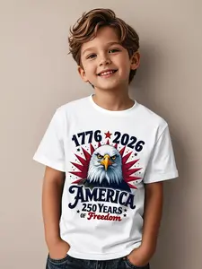 Independence Day Kids' T-Shirt, Eagle Flag Print, Round Neck Casual Cotton Short Sleeve, Micro Stretch Knit Fabric