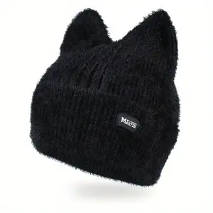 [Customer Favorite] Chic Black Cat Ear Knit Beanie for Women Cozy & Warm Winter Hat with Ear Protection, Stretch Fit, Best for Christmas