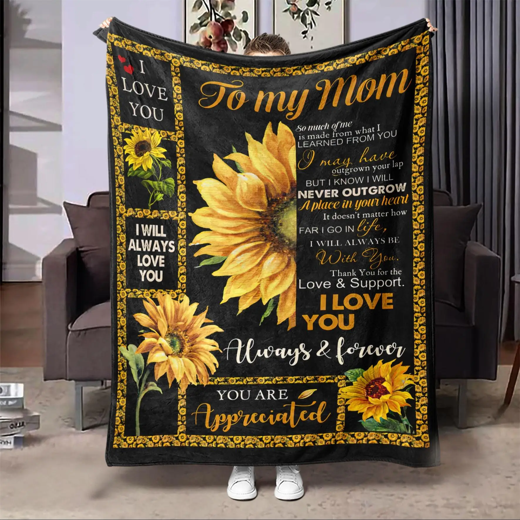 Sunflower & Letter Pattern Blanket Gift for Mom, Casual Soft Throw Blanket, All Season Blanket, Breathable Comfortable Blanket, Comfy Bedding for Hall