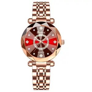 Women Quartz Wrist Watch: Ladies Red 3 ATM Waterproof Stainless Steel Band Heart of the Ocean Diamond Dial Detachable Strap Watches