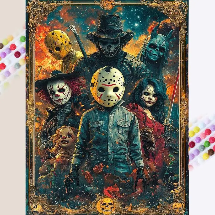 1 DIY diamond painting kit, 5D diamond art kit, DIY decoration, skull mask, flame background, weapon villain diamond painting kit with full round drills, mosaic, diamond art, DIY art home decor, suitable for Christmas.