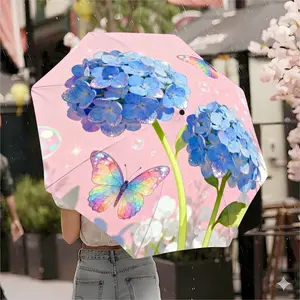Dreamy Umbrella with Blue Ball Butterfly Pattern, Automatic Open-Close, Foldable Design, 8-Rib Sturdy Frame, Perfect Gift