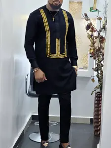 Traditional Muslim African Style Men's Wedding Suit Set, Round Neck Long Sleeve Top and Pants, Export Quality, No Ca Prop 65 Warning