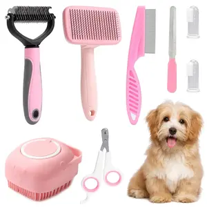 8-piece dog brush grooming set, pet self-cleaning set, with pet nail clippers and files, flea comb, pet shampoo bath brush, pet fur  brush