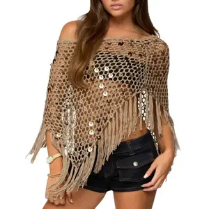 Women’s transparent cape top, transparent knitted lace-up shawl pullover, lightweight asymmetrical sweater, beachwear