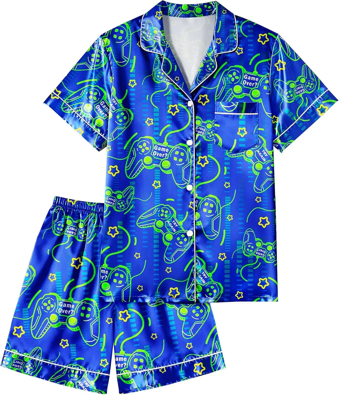 Boys Pajamas Boys Satin Pajamas Set Summer Short Sleeve Button-Down & Shorts Pjs Kids Boy Silky Pajama Size 8-14