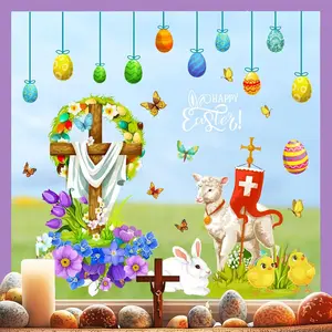 Happy Easter Window Stickers Double Sided Easter Window Cling for Glass Window Religious Cross Stickers for Indoor Easter Window Decoration Christian Window Decals for Living Room Easter Party Supply