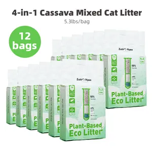 (12-Bag Pack)ZuttoNyan 4-in-1 Natural Cassava Cat Litter 63.6lbs , Non-sticking&Rapid Clumping&Low Dust