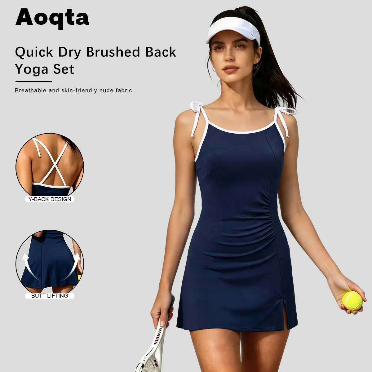 Aoqta tennis dress: women’s sling tennis dress with white contrast trim,  built-in phone pocket, safety shorts, vintage preppy college style, side slit athletic mini dress. Aoqta athletic tennis dress: sling design with a ruched waist