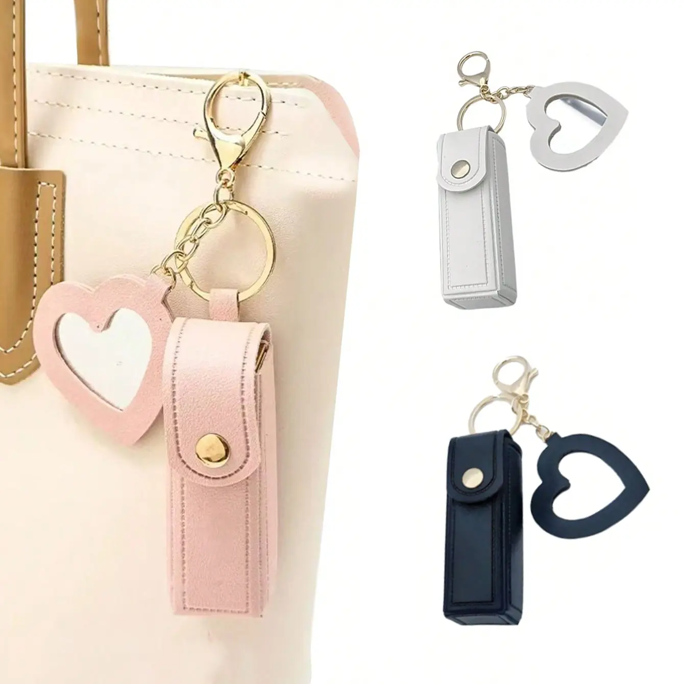 Heart-Shaped Mirror Lipstick Keychain Holder, Portable Pocket Makeup Stand, Travel Accessory, Gift for Family and Friends, Minimalist Design Keychain, Trendy Cute Keychain With Keychain