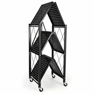 3-Layer Foldable Storage Rack with Wheels | High Load-bearing Capacity, Suitable for Garage and Kitchen Use, Black Iron Shelving Unit, Practical and Multipurpose, Utility Racks