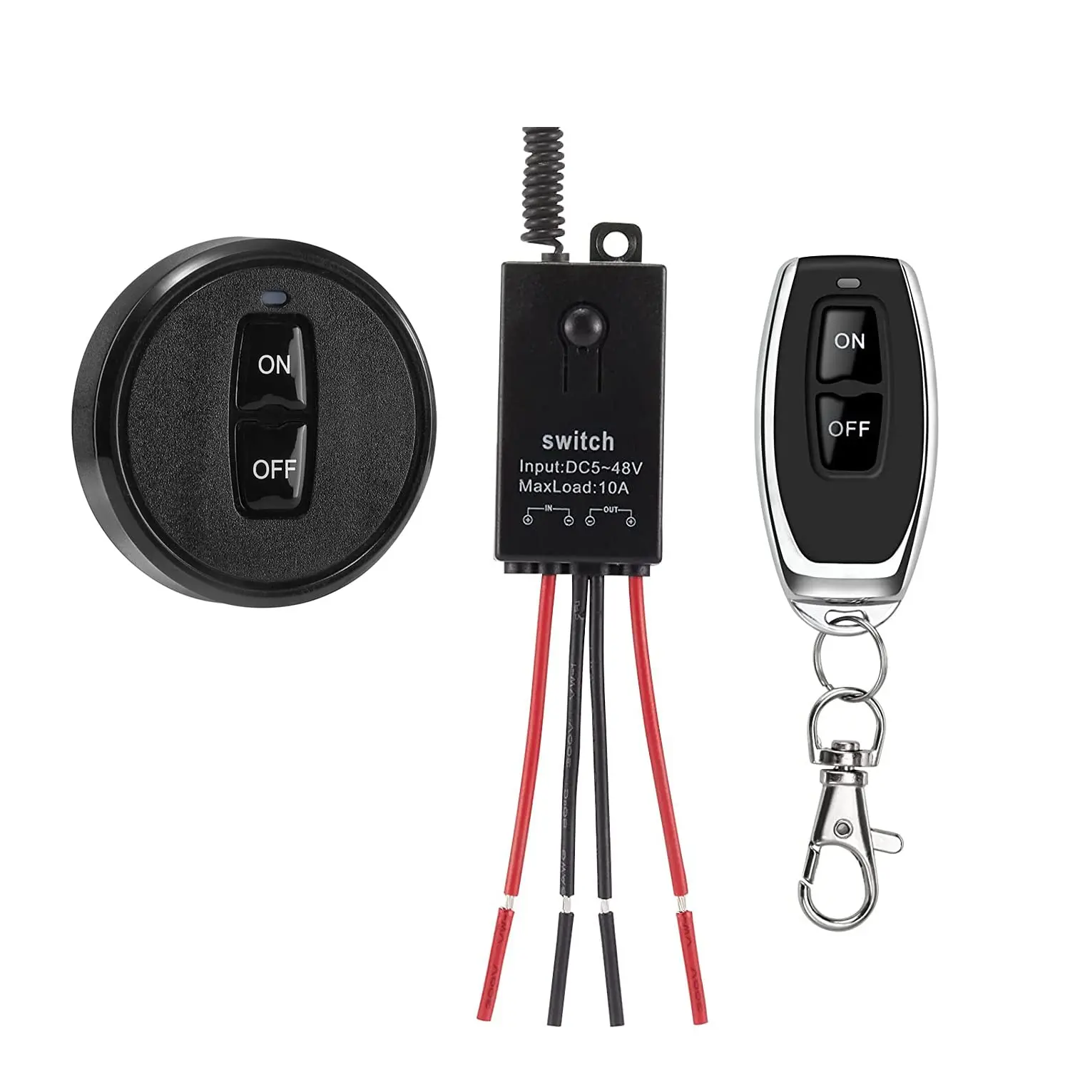 Mini Wireless Relay Remote Control Switch - DC Power Supply (5V/12V/48V 10A), 433MHz 328ft Long Range, 0.59*0.79*1.57inch Compact Size, 2 Remotes, 1 Receiver & Manual, On/Off Control for Residential LED Lights, SUV LED Lights