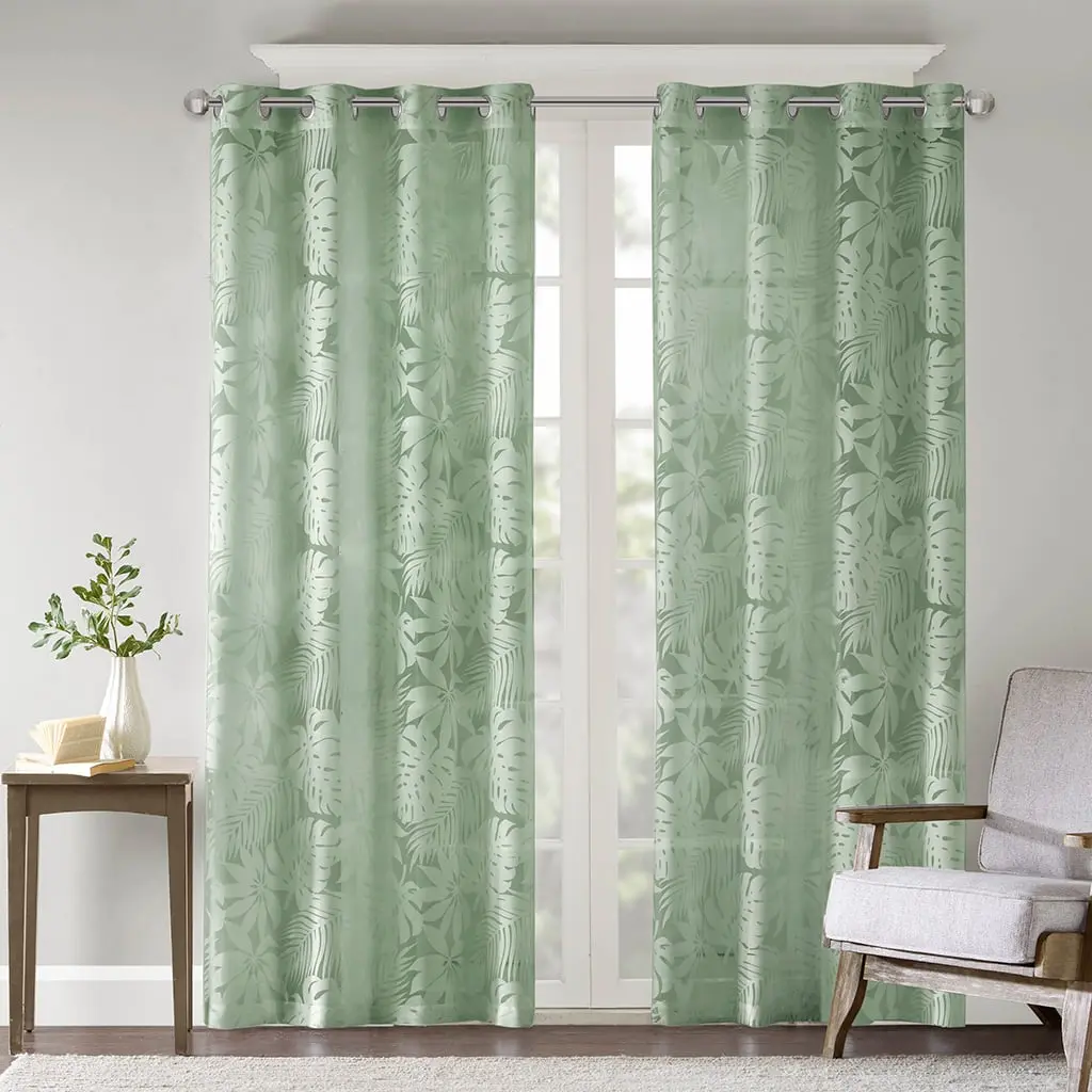 Leilani Palm Leaf Burnout Window Sheer Curtains, Coastal Style 360-Stand Single-Panel, OEKO-TEX Safe Rayon Blend, Sage Green, 50x84x0.13 in, Home Decorative Lightweight Curtain, Home Decorative Curtain, Lightweight Curtains