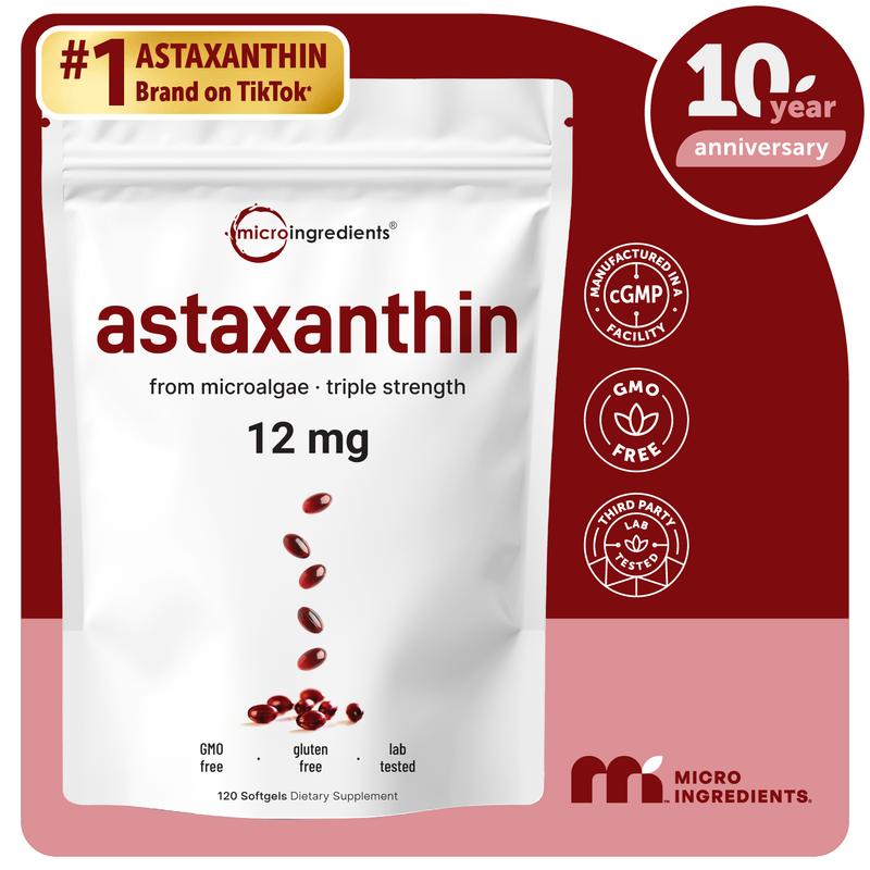 Micro Ingredients Astaxanthin 12mg, 120 softgels | 4 monthly Supply, Natural Tanning, Fresh Microalgae Source, Easy to Swallow