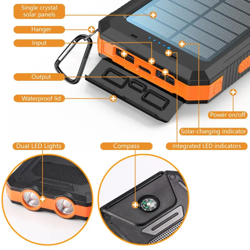 10000mAh Portable Solar Power Bank, Dual USB Output Port Waterproof Power Bank with LED Light, Solar Phone Charger Compatible with iPhone & Android #TOP PICKS 4