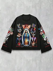 Men's Street Style Virgin Mary Print Round Neck Long Sleeve Oversize T-Shirt, Streetwear, Menswear, Spring & Summer Casual Wear, 2000s Fall Fashion, Loose Fit Crop Top