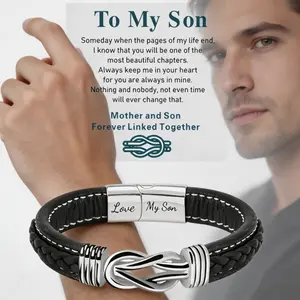 To My Son Bracelet, Mother & Son Forever Linked Together Braided Magnetic Closure Leather Bracelet, Men's Stainless Steel Bracelet Knot Cuff Wristband, Son Grandson Back to School Graduation Gifts from Mom