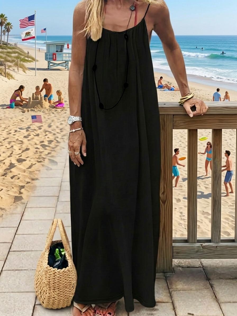 2026 S/S New Arrival Women's Solid Color Cami Spaghetti Strap Loungewear Dress, Elegant Sleeveless Long Dress for Summer, Ladies Sleepwear for Indoor Wear | Loose-Fit Cozy Home Essential Comfortable for Home, Travel