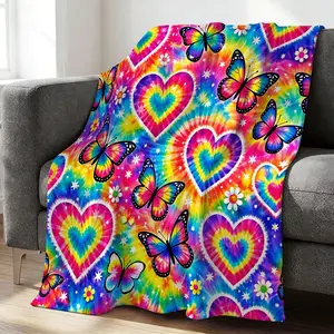 Colorful Flannel Blanket with a Rainbow Heart and Butterfly Pattern Is Perfect for Home Decor, Camping Trips, Office Comfort, and Girly Celebrations. It's a Lovely Gift for Romance Lovers!
