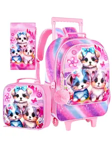 3pcs Puppy Rolling Backpack Set for Girls, Cute Bow Puppy Kids Wheeled Backpack with Lunch Bag & Pencil Case, Lightweight School & Travel Backpack for Little Girls