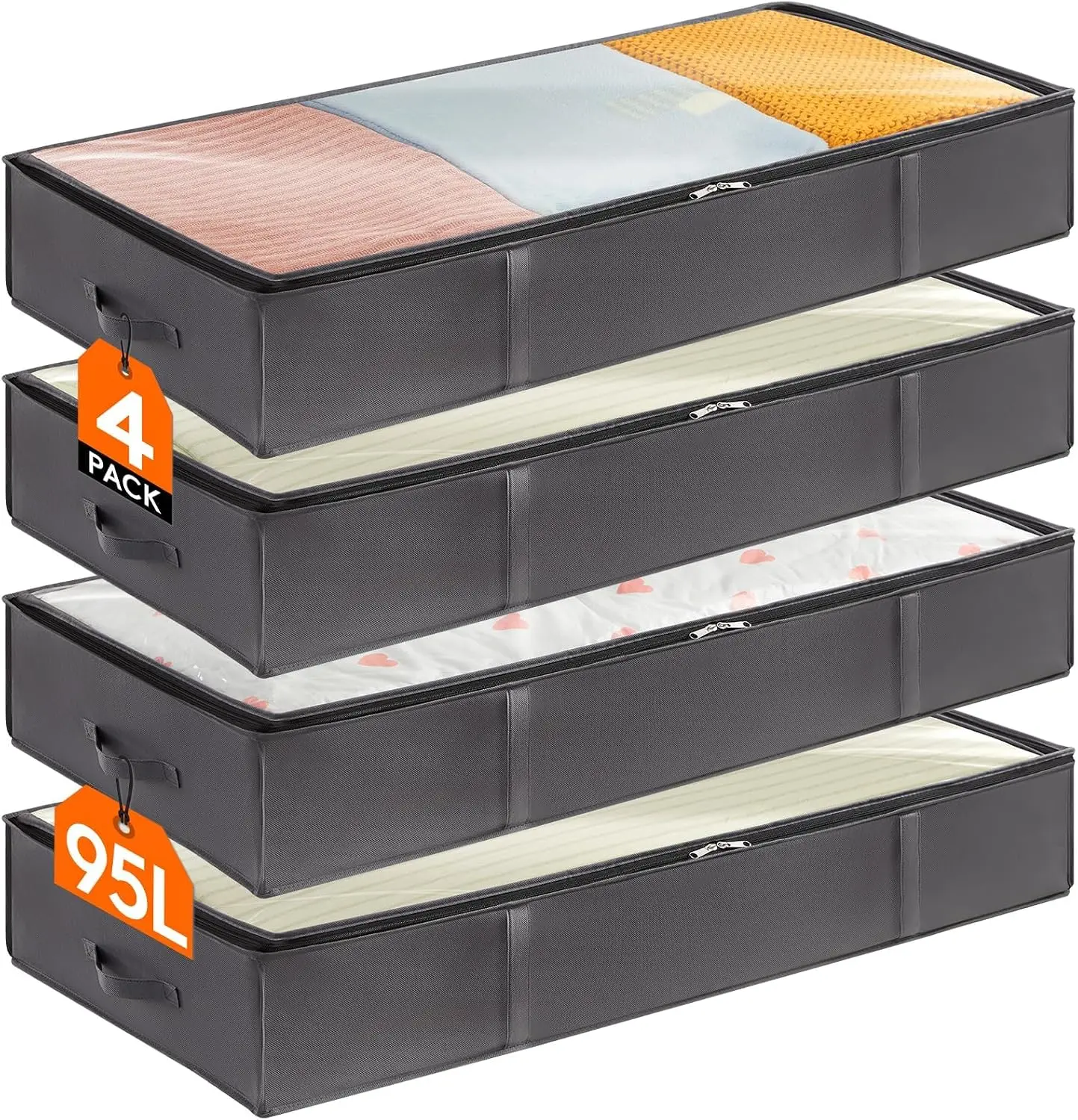 95L 4 Pack Under Bed Storage Containers, Large Capacity Blanket Storage Bags with Reinforced Handle, Organization and Storage for Comforters, Sheets, Clothes, Bedroom, College Dorm, Grey