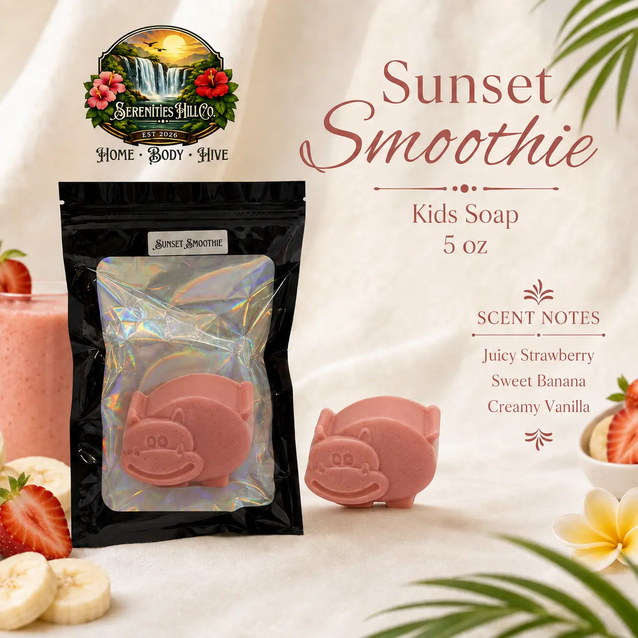 Sunset Smoothie Kids Hippo Gentle Molded Soap - Tropical Fruit, Sweet Berry, Vanilla Cream Scents - 5oz Bath & Body Cleansing Bar, Cleanses Skin, Resealable Pouch