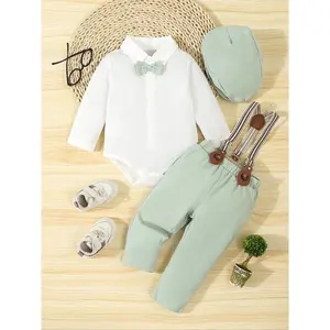 Baby Boys' Gentleman Set, Long Sleeve Romper with Bow Tie + Pants + Hat + Diaper Cover, Perfect for Birthdays, Weddings, Anniversaries, Baby Clothing