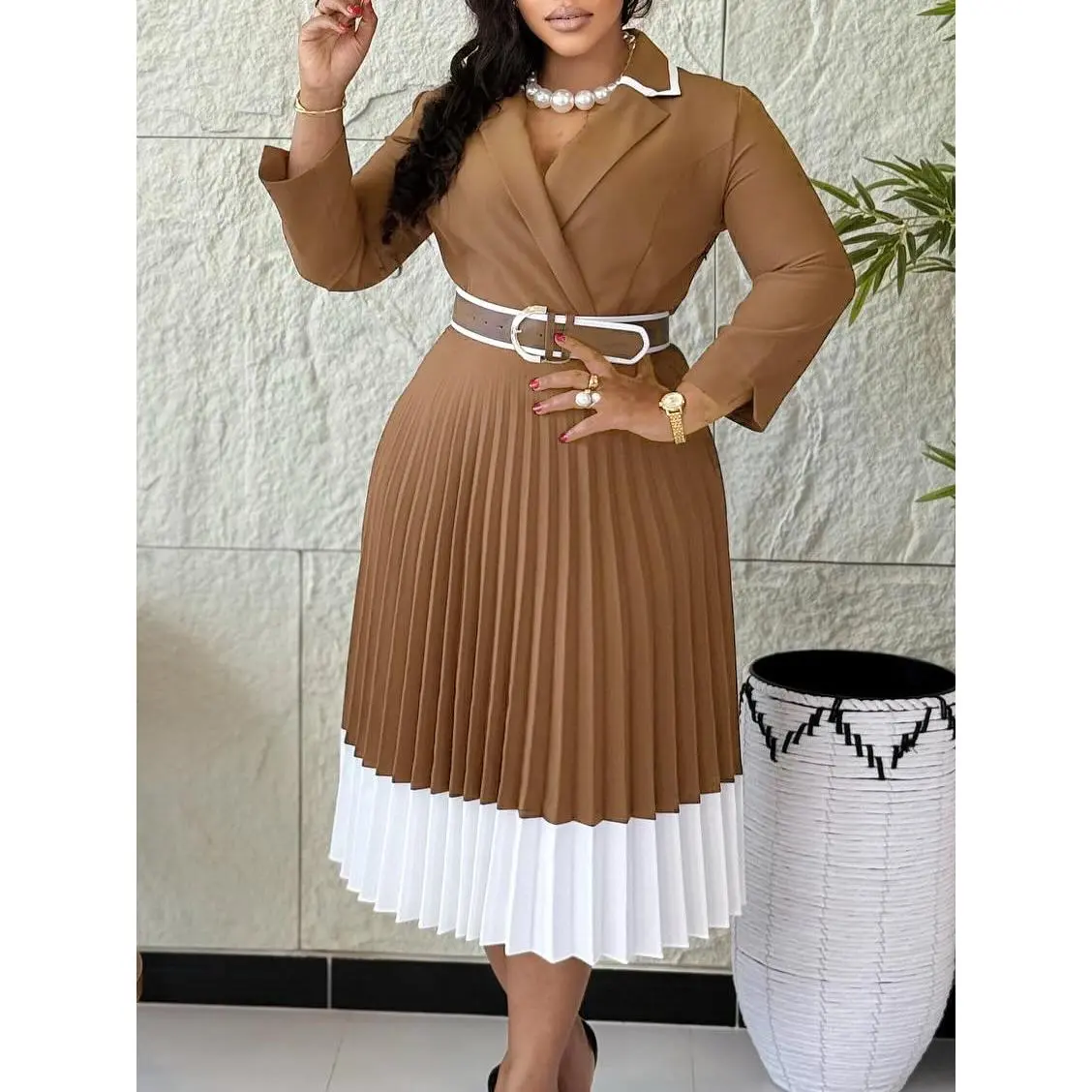 Plus Size Women's Brown & White Pleated Long Sleeve Blazer Collar Belted Midi Dress - Chic Classy Modest Dresses, Formal Wear Workwear, Elegant Office Attire - TikTok Shop Plus Size Women's Brown & White Pleated Long Sleeve Blazer Collar Belted Midi Dress - Chic Classy Modest Dresses, Formal Wear Workwear, Elegant Office Attire - TikTok Shop