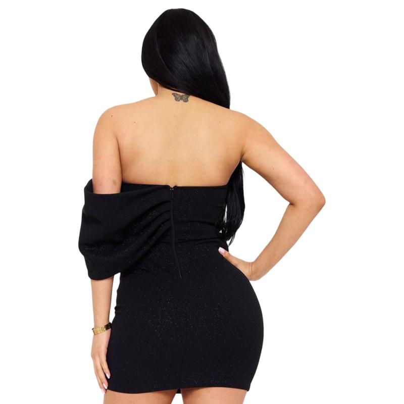 Glitter Strapless Side Bow Mini Dress with Rhinestone Trim - Black, Tube Top, Back Zipper, Moderate Stretch, 95% Polyester 5% Spandex