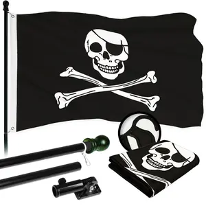 G128 Combo Pack: 5 Ft Tangle Free Aluminum Spinning Flagpole (Black) & Pirate Jolly Roger Bones Flag 2x3 Ft, ToughWeave Series Embroidered 300D Polyester | Pole with Flag Included