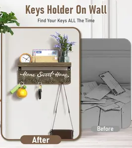 Key Holder for Wall Decorative, Rustic Wooden Key Hanger with 4 Double Key Hooks, Farmhouse Key Rack & Mail Organizer, Trinket Tray, Room Decorations, Wall Decor & Men's Room Decor for Home Entryway (Black)