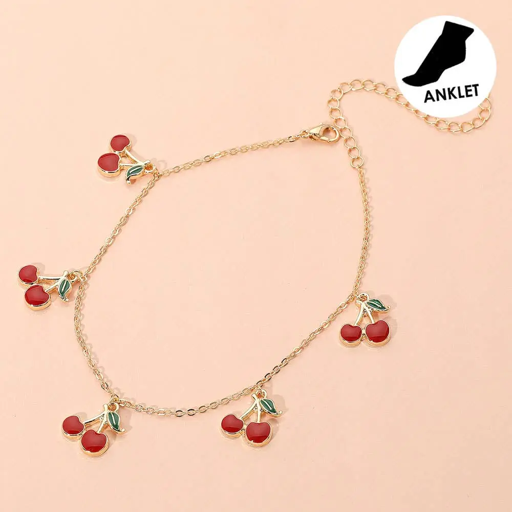 Enamel Cherry Charm Station Anklet, Fashion Costume Jewelry Charm Anklets for Women, Charm Anklet Anklets