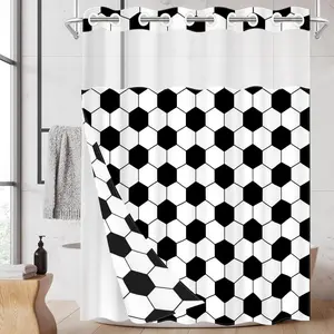 1 Pack No Hook Double Layer Shower Curtain, Soccer Hexagon Print Bath Curtain, Waterproof, Mildew Resistant, Durable Fabric, Sports Home Decor, Removable Liner, Top See-Through Window, Partition Curtain 71"×74"