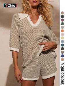 women's striped print short sleeve sweater & elastic waist skirt two-piece set, casual round neck knit top & skirt for summer, fashion women's two-piece for daily wear, clothes, womenswear, clothing sets, casual outfits women