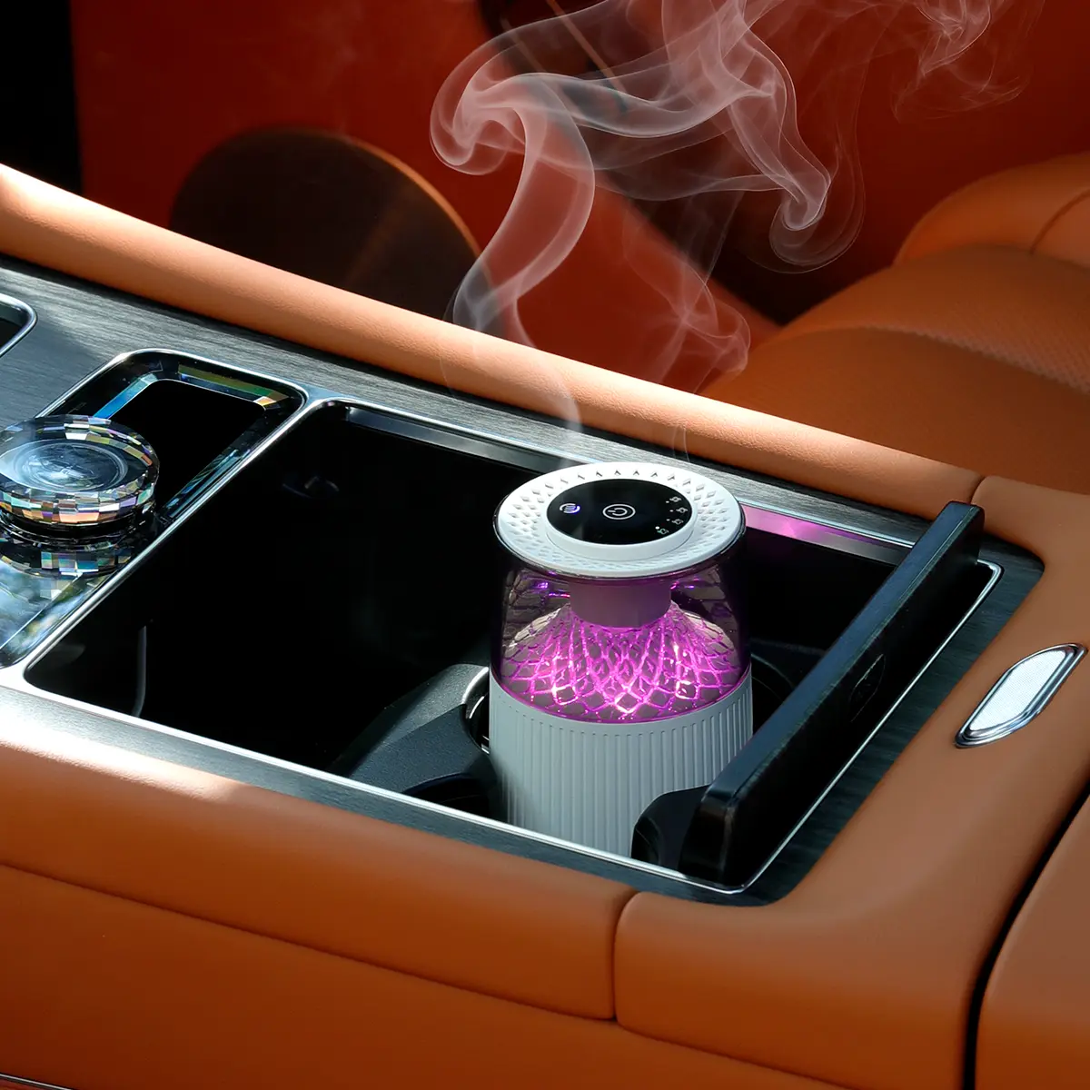 Volcano Car Air Humidifier Aroma Diffuser, USB Rechargeable Portable Mini Cool Mist Humidifier with Color Changing LED Light, Dual Spray Modes Auto Off Small Scent fireplace flame Diffuser for Car Cup Holder Bedroom Office life home use aesthetic