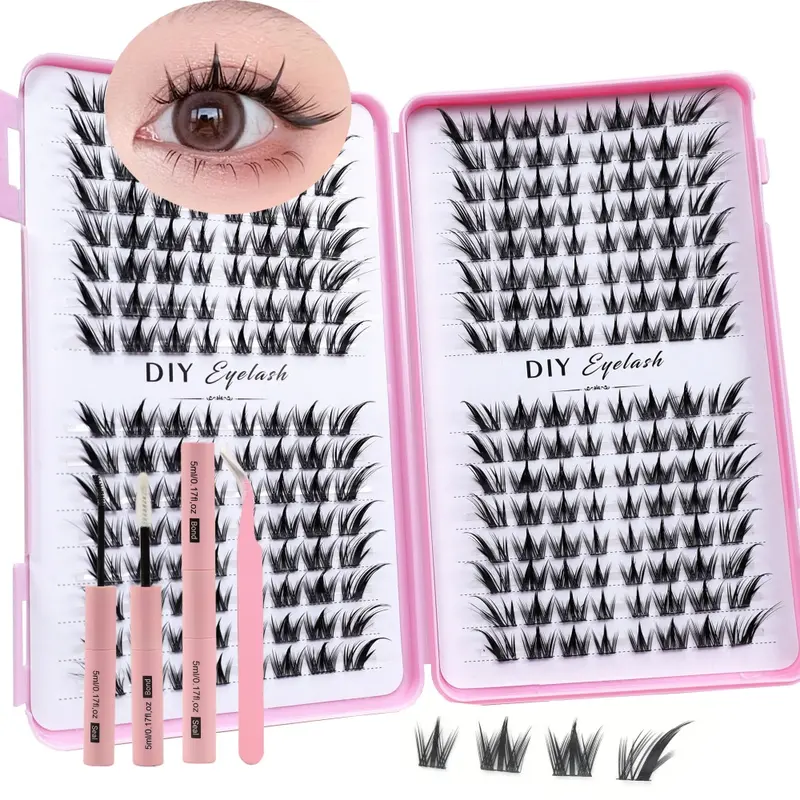 256 Cluster False Eyelash Glue Set, Double Head Glue, Eyelash Clip, Diy False Eyelashes, 3D False Eyelash DIY Eyelash Extension Set, 11-13mm Mixed Length Styling, Curly Lashes, C-shaped Curl, DIY Eyelash Clusters