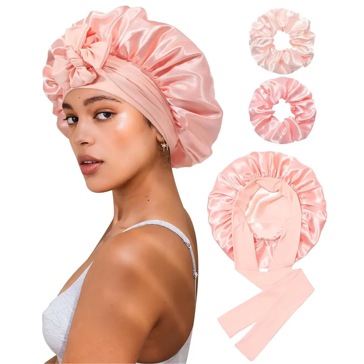 Pink Bonnet + 2Pcs Scrunchies 