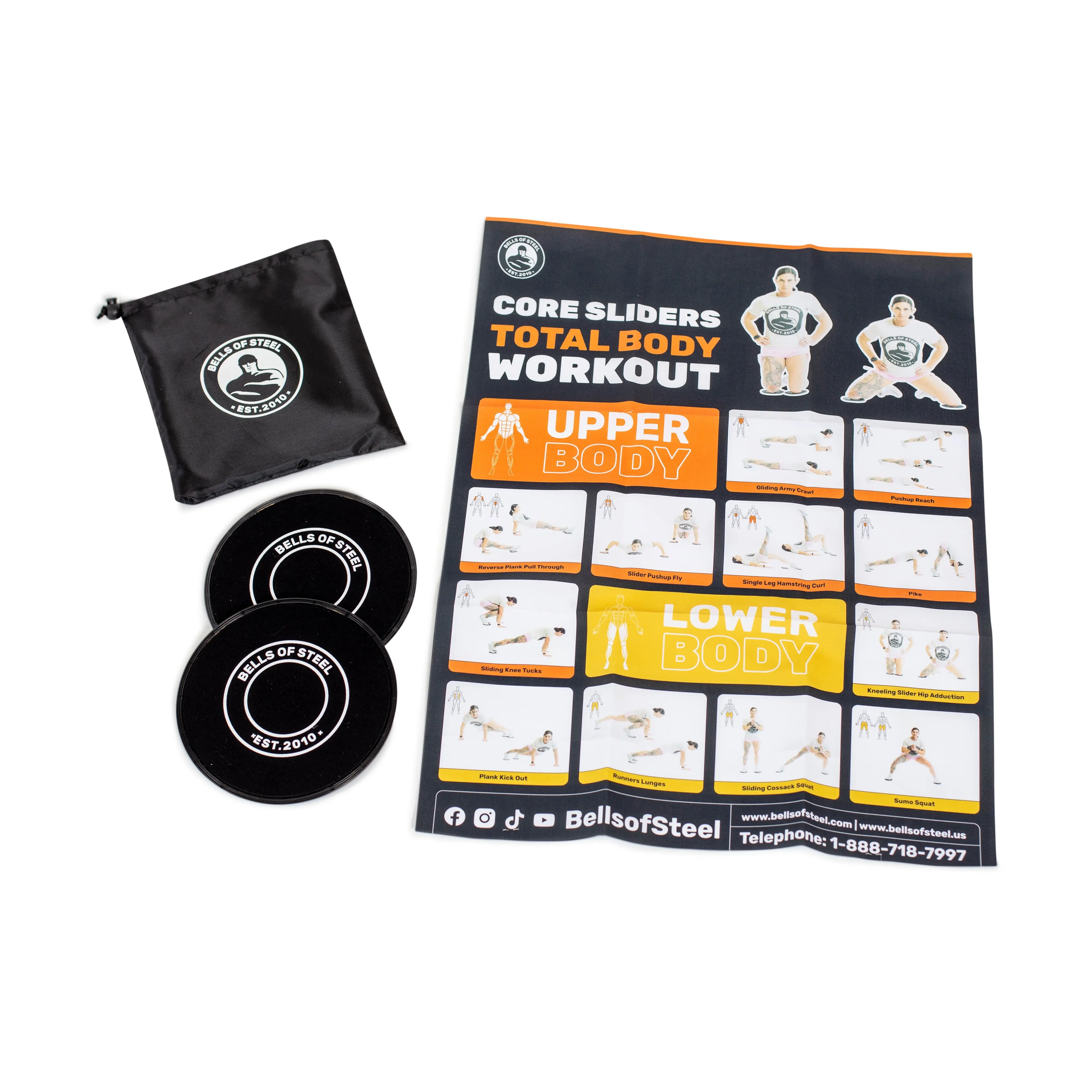 Bells of Steel Core Sliders - Dual-Surface Frictionless Discs, Home Fitness & Calisthenics Tools for Carpet & Hardwood Floors, Includes Bag & Poster, Supports Arm, Core, Leg & Total Body Workouts, Home Fitness Equipment, Arm Workouts, Core Workouts