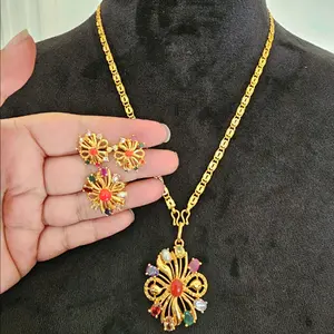 Traditional navratna pendant, stud, ring set