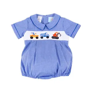 Construction Truck Blue Gingham Smocked Collared Bubble - Baby & Toddler Boys Outfit