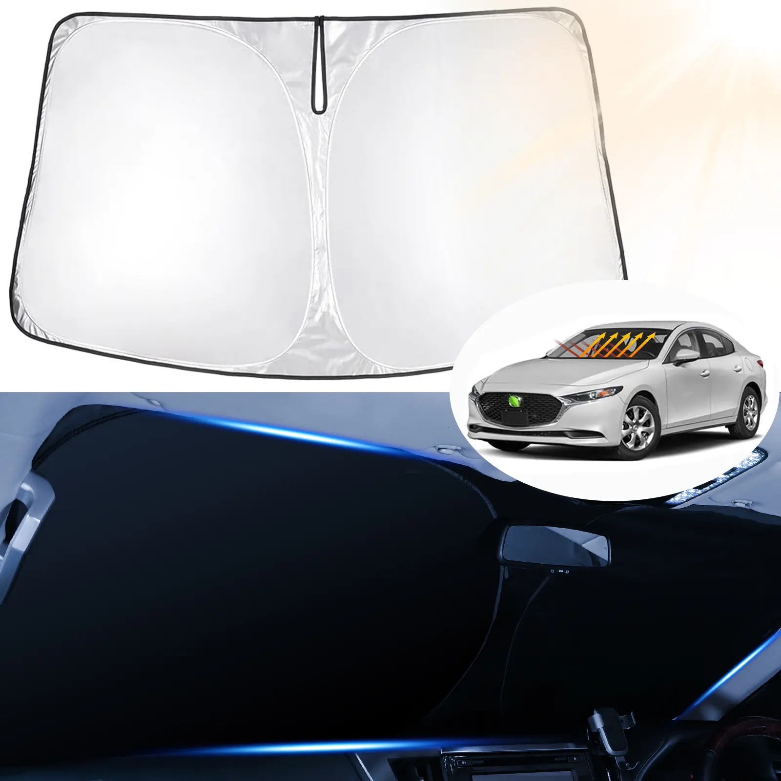Canvcle Custom Fit Car Sun Shade Windshield Cover Front Window for Mazda 3 2014-2026, 240T Reflective Double-Layer Foldable Fabric, UV-Protective Automotive Exterior Accessory