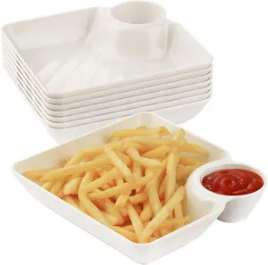 8 count Chips and Salsa Serving Dish, White  Chip and Dip Bowl Serving Dishes for Entertaining Plastic Dip Tray Plate with Dipping Sauce Compartment