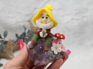 Amethyst Cluster with Handmade Clay Dwarf Figurine: Crystal Healing Decor