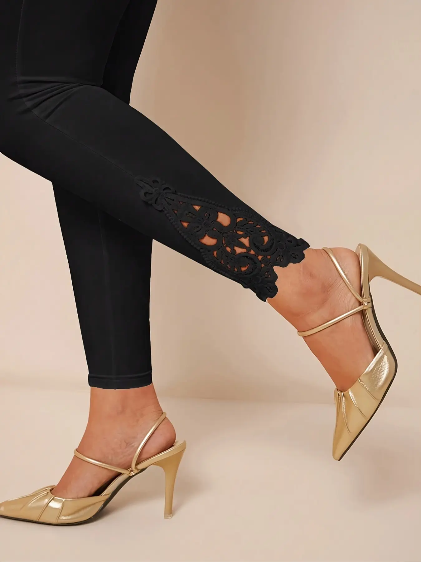 Women's Elastic Waist Contrast Lace Fashion Pants Leggings, High Rise Leggings, Stylish Versatile Ladies' Clothing, Comfortable High-Waisted Design for Daily Wear