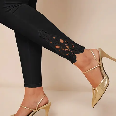 Women's Elastic Waist Contrast Lace Fashion Pants Leggings, High Rise Leggings, Stylish Versatile Ladies' Clothing, Comfortable High-Waisted Design for Daily Wear