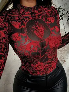 Whyspr Plus Size Punk Rock Mesh Overlay Graphic Print Crew Neck Long Sleeve Elegant Vintage Casual Vacation See-Through Skull & Rose Contrast Color Mesh Print Blouse For Women